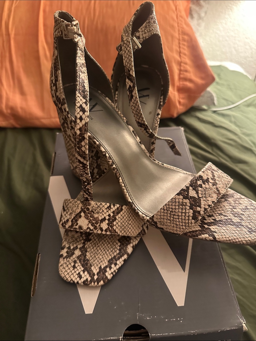 Snake-Print Ankle-Strap Block Heels in Beige